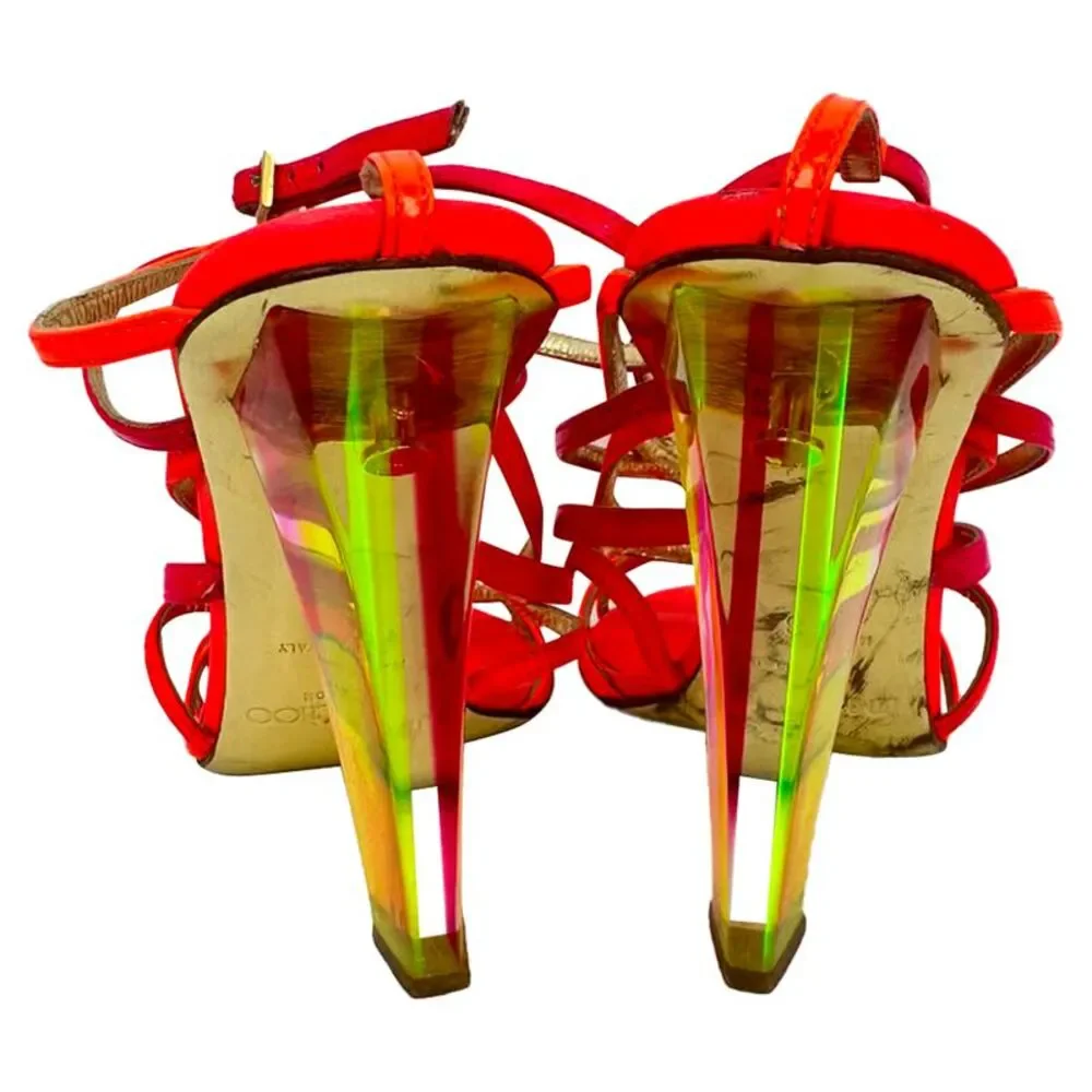 Jimmy Choo Strappy Sandal Heels in Neon Orange and Pink Leather
